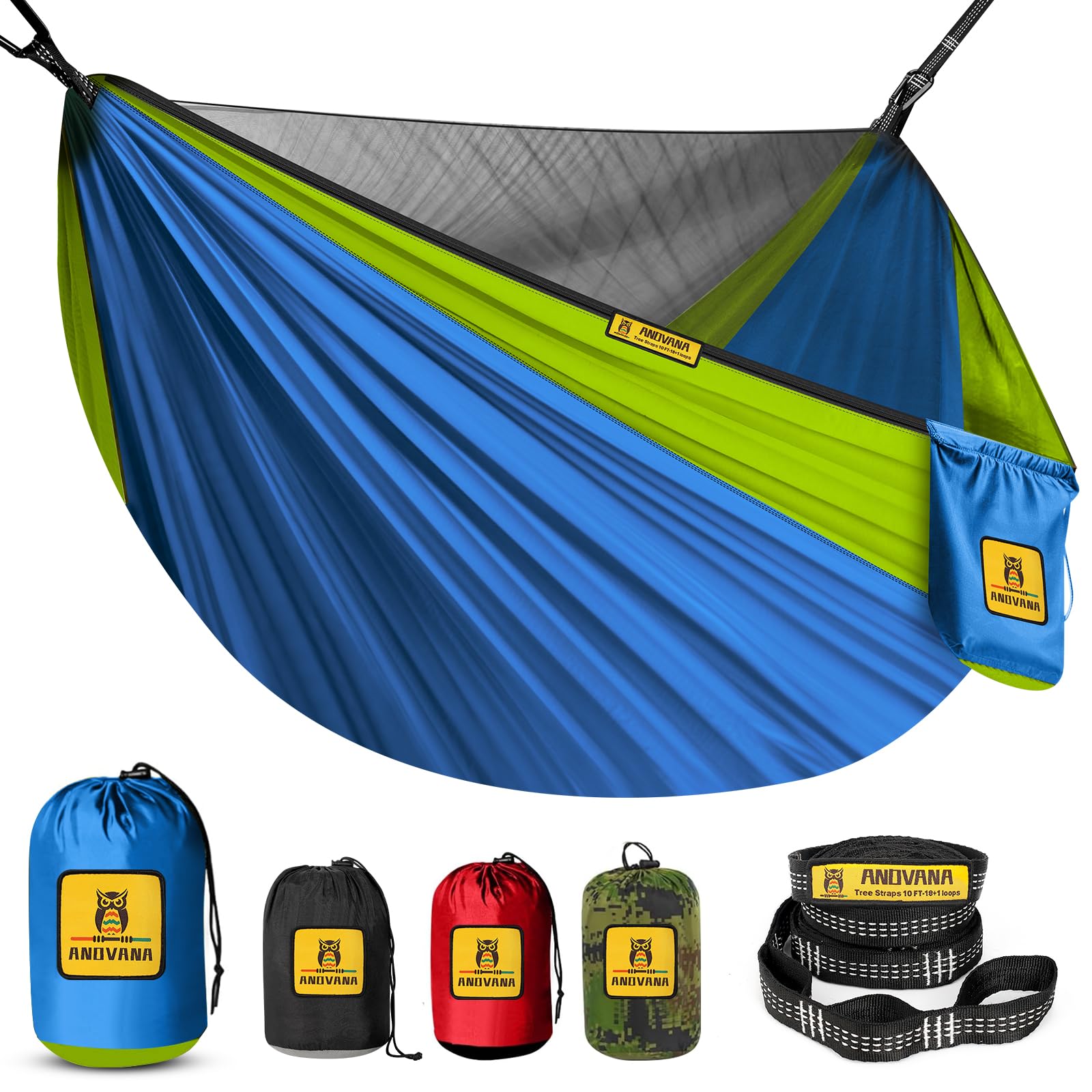 Kids Camping Hammock with Mosquito Net, 450 lbs Portable Hammock with Tree Straps, 2-in-1 Double/Single Travel Hammocks for Children, Hammock for Outside/Indoor/Backpacking/Beach - Lake Blue & Green