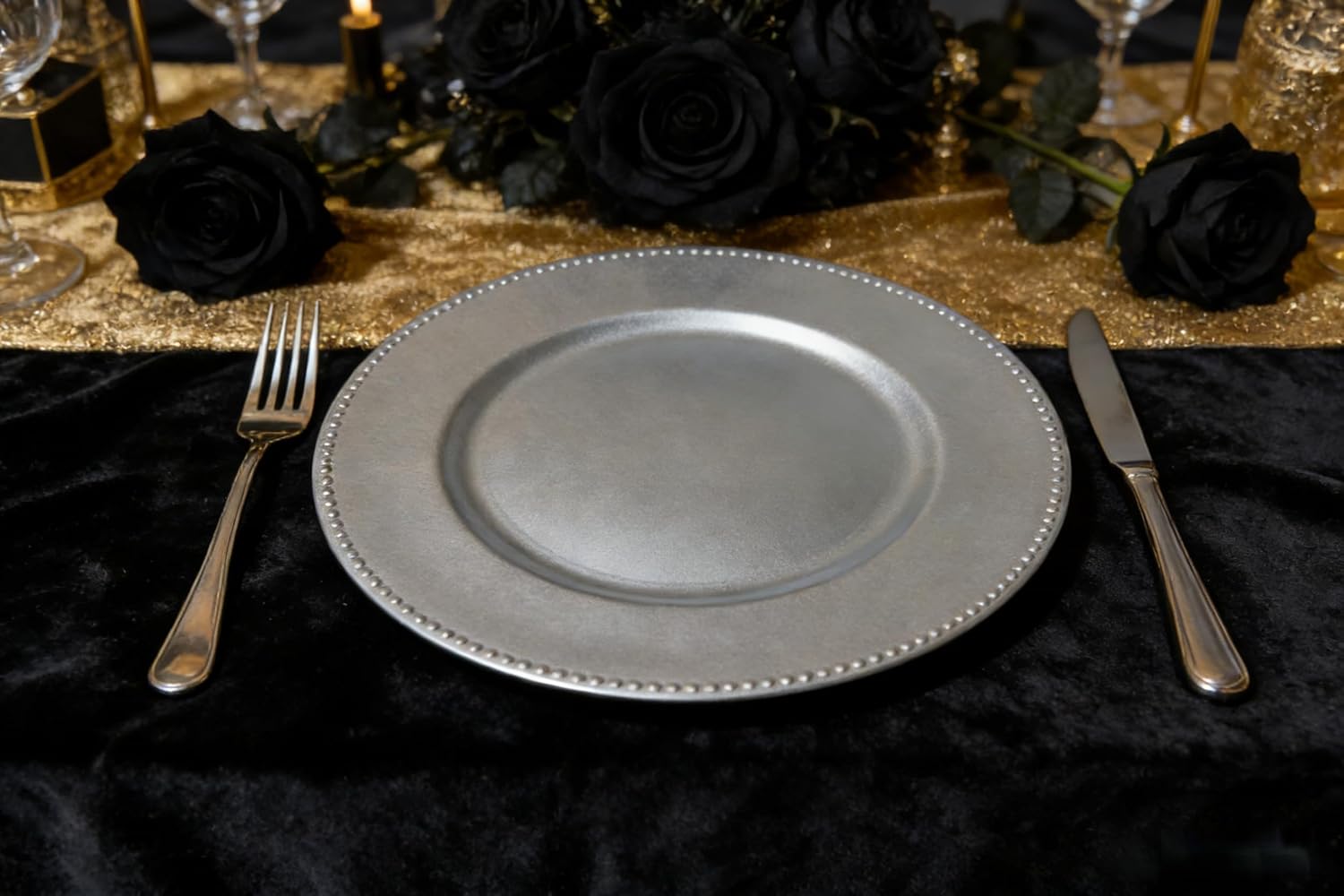 100 Pcs Elegant Plastic Beaded Charger Plates - Round Gold Silver Black Wedding Party Dinner Decorative Plate Set, Durable for Halloween Christmas Birthday Decor Silver