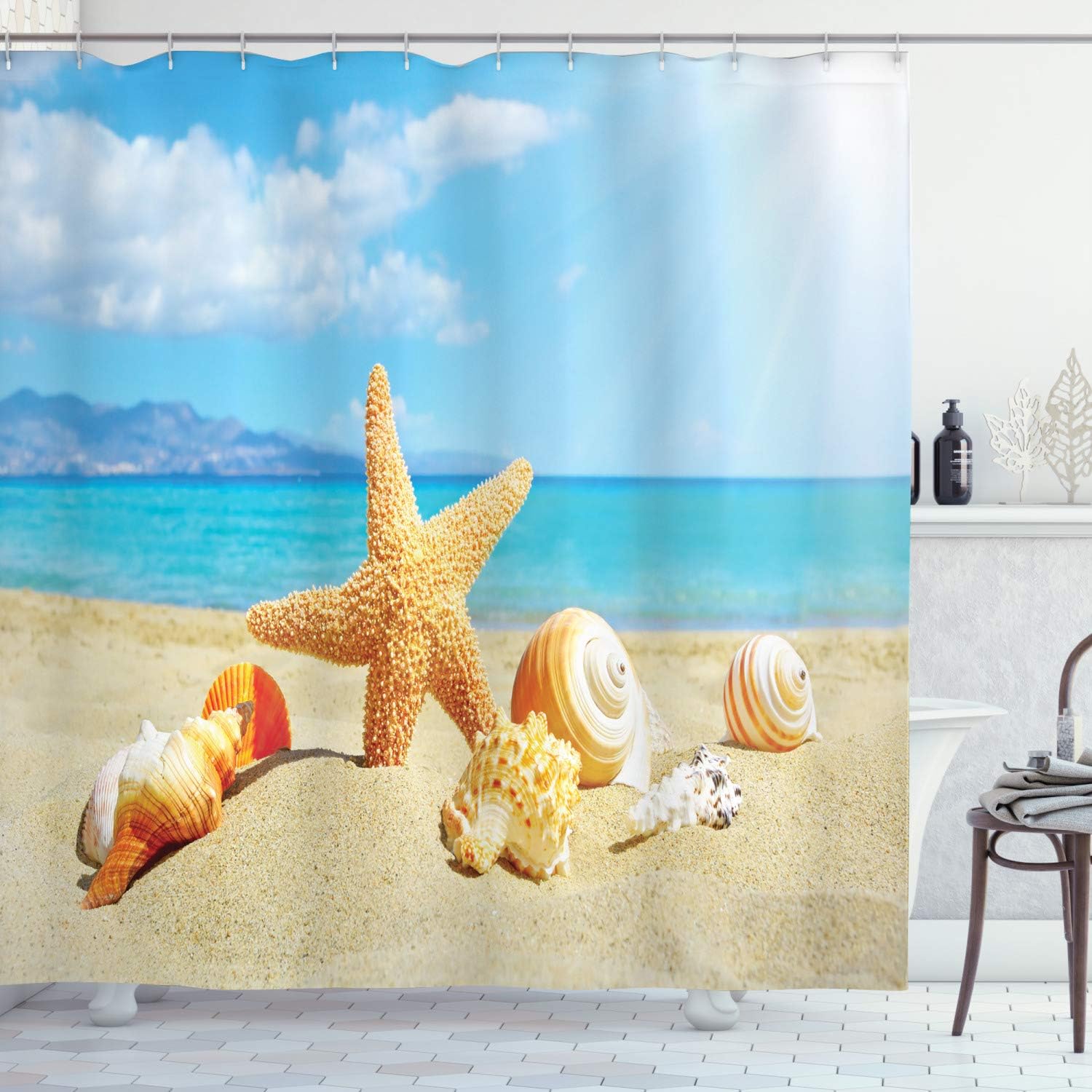 Ambesonne Seashells Shower Curtain, Summer Beach Theme and Sand with Rays in The Sky Clouds Seaside Marine, Cloth Fabric Bathroom Decor Set with Hooks, 69" W x 75" L, Aqua Ivory Mustard