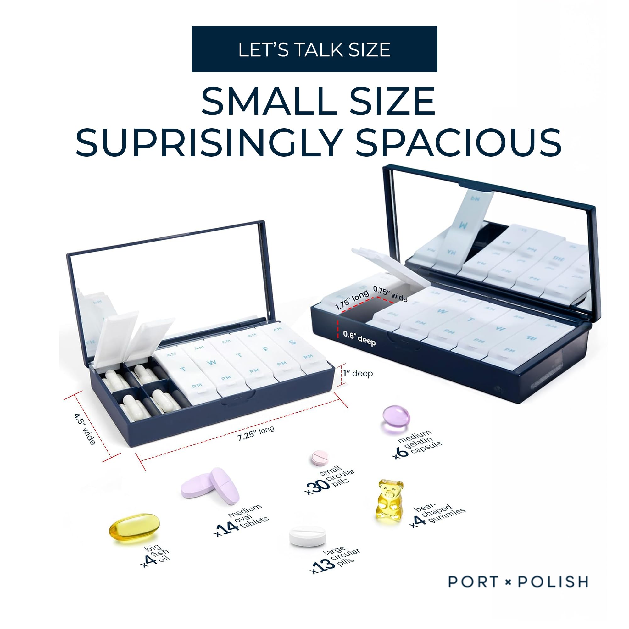PORT X POLISH Designerski tygodniowy organizer na tabletki (AM/PM 2x Daily, liliowy) | kompaktowy, stylowy 7-dniowy futerał na suplementy witaminowe, uroczy przenośny mini podróżny pojemnik na leki,