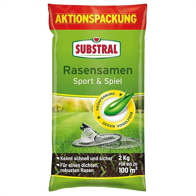 Substral Substral Rasensamen Sport und Spiel, 2kg für 100m² - strapazierfähige Rasensaat-Mischung mit Grünfärbung gegen Vogelfraß — Saat & Dünger