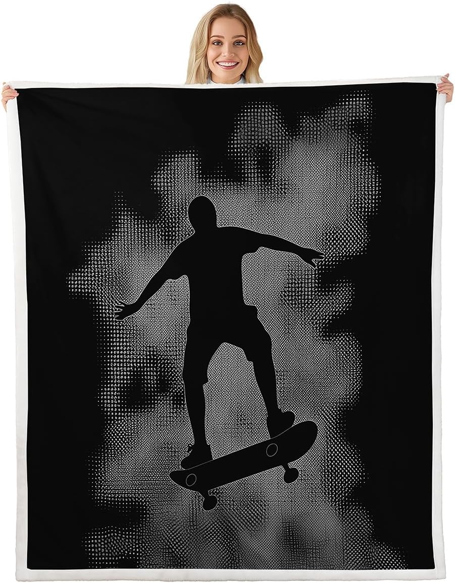Skateboard Fleece Throw Blanket Hipster Plush Blanket for Bed Couch Sofa Adults Extreme Sports Theme Sherpa Blanket Skate Board Fuzzy Blanket Room Decor Queen 90"x90"