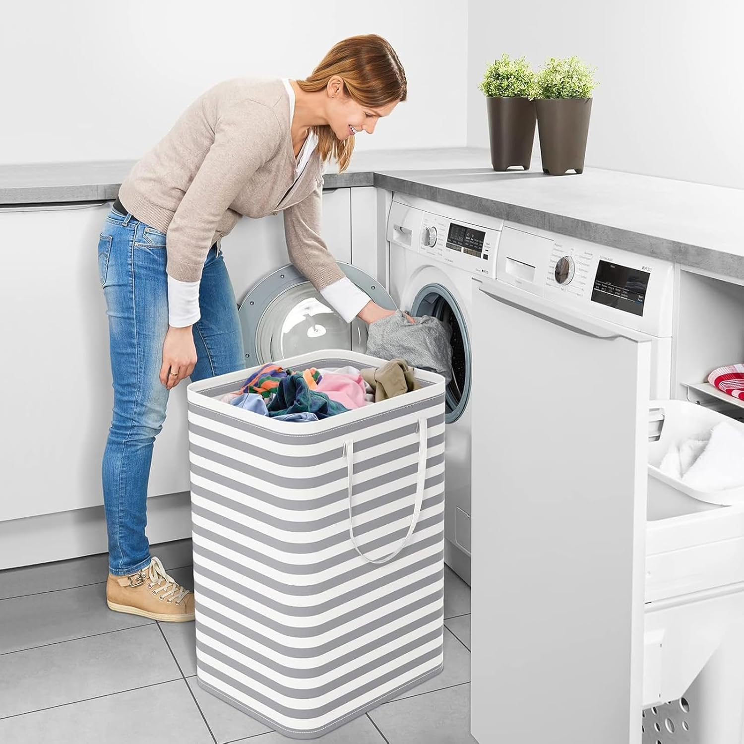 2-Piece Large Capacity Laundry Basket Set, Waterproof Freestanding Laundry Basket with Convenient Handle, Foldable Clothing Basket, Suitable for Laundry Rooms, Bathrooms, Bedrooms, and Dormitories