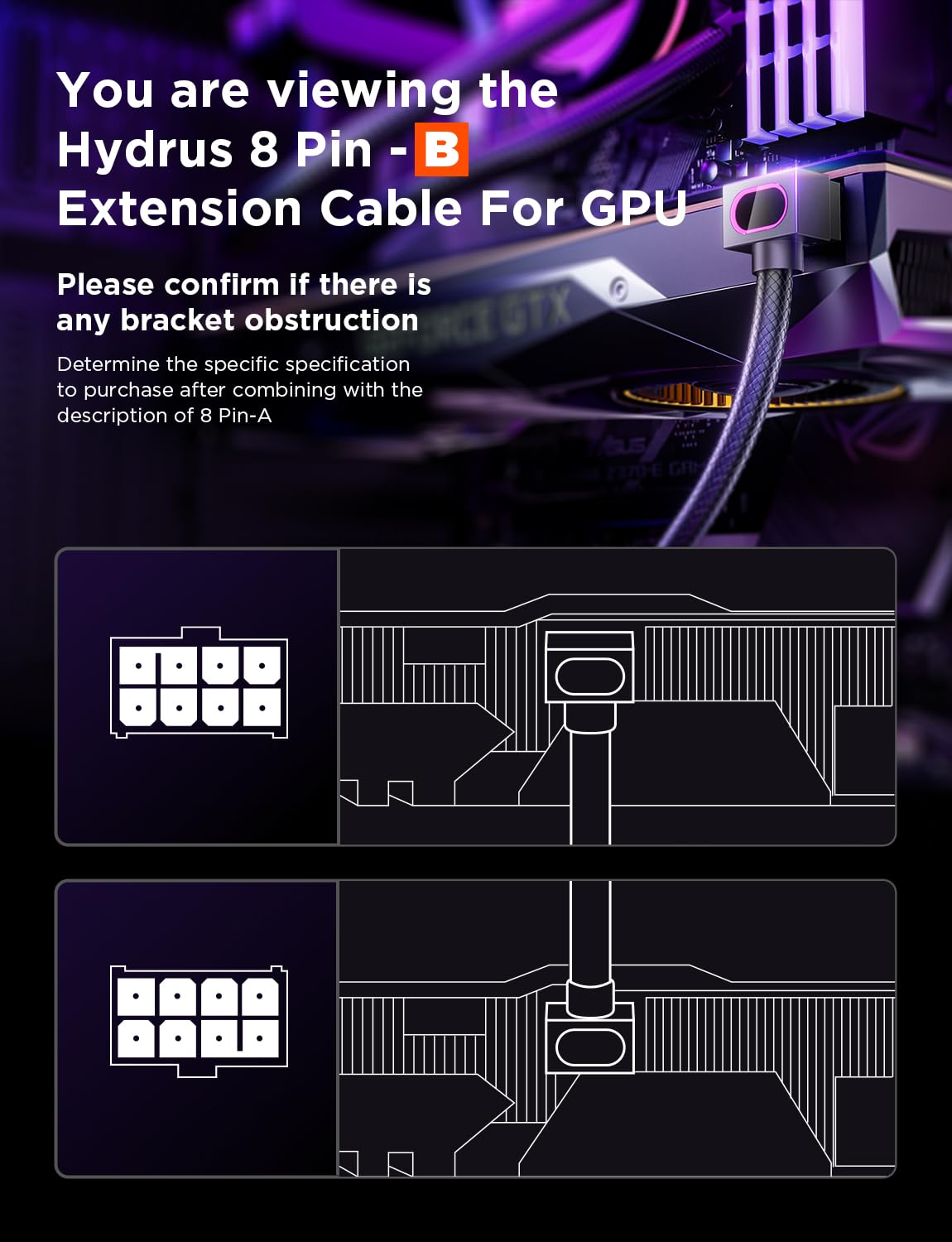 AsiaHorse Hydrus 8-Pin GPU Câble d'extension [Type B - LOQUET en Haut], Câble d'alimentation PCIE pour Carte Graphique (Pas pour CPU), 18AWG Sleeved, 5V ARGB Sync - Noir