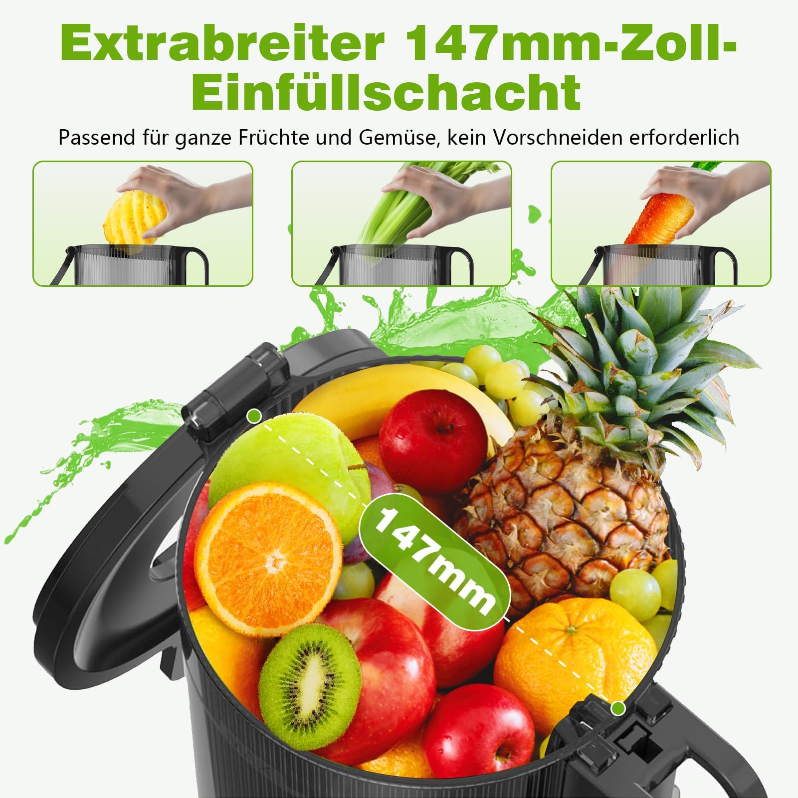 Extracteur de Jus – Slow Juicer avec Goulotte XL 147 mm et Moteur 400 W, Rendement Élevé et Préservation des Nutriments, Capacité 1,8 L avec 2 Verres, Sans BPA, Pour Fruits et Légumes Entiers - 4