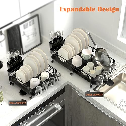 Miniatura 7 de SuperOrganize Escurridor de platos, extensible (9.45 a 12.6 pulgadas) con escurridor, escurridor de platos para encimera de cocina, estante de