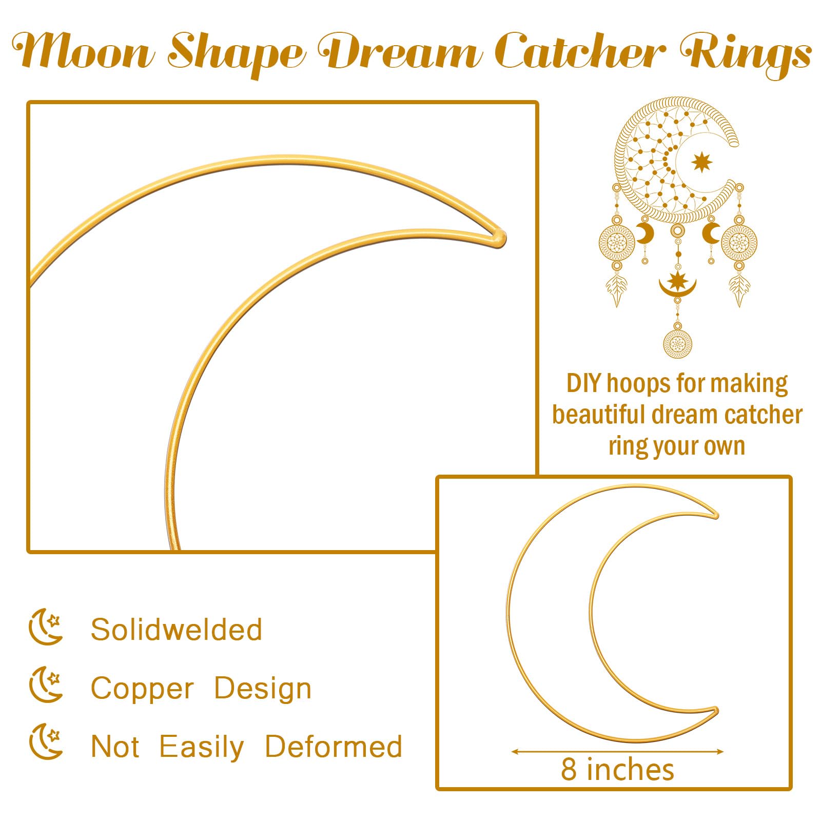 10 Packs Zhaoyao Moon Shaped Bronze Metal Hoops for Crafts, Dream Catcher Ring 8 Inches Metal Rings for Macrame, Macrame Ring for DIY Crafts Wedding Wall Hanging Decor