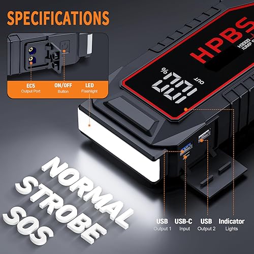 Miniatura 5 de Arrancador de batería de automóvil, batería de arranque de pico de 5000 A para motores de gasolina y diésel de 10 L, caja de arranque portátil de 12