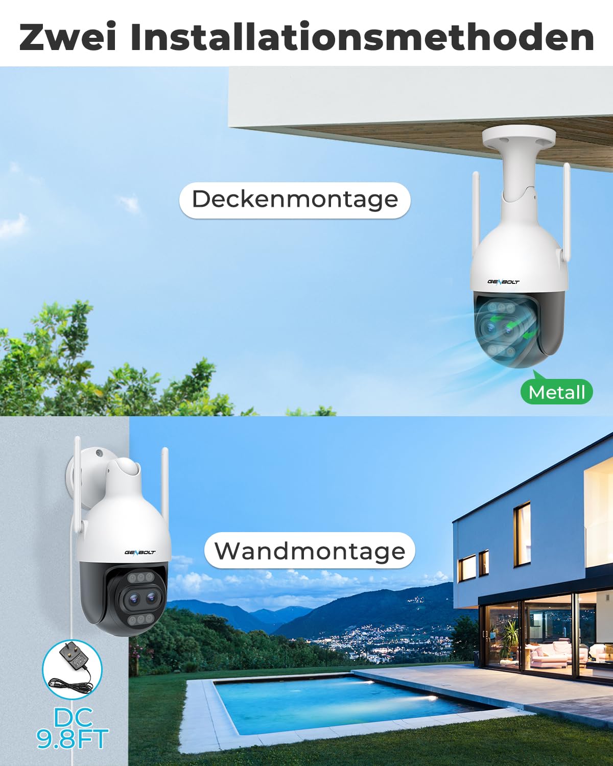GENBOLT 4K PTZ WiFi Überwachungskamera Aussen mit PoE,8MP Dual Objektiv CCTV Kamera für IP-Heimüberwachung mit 10X Hybrid-Zoom,Automatischer Personen-/Fahrzeugerkennung(2,4&5GHz)