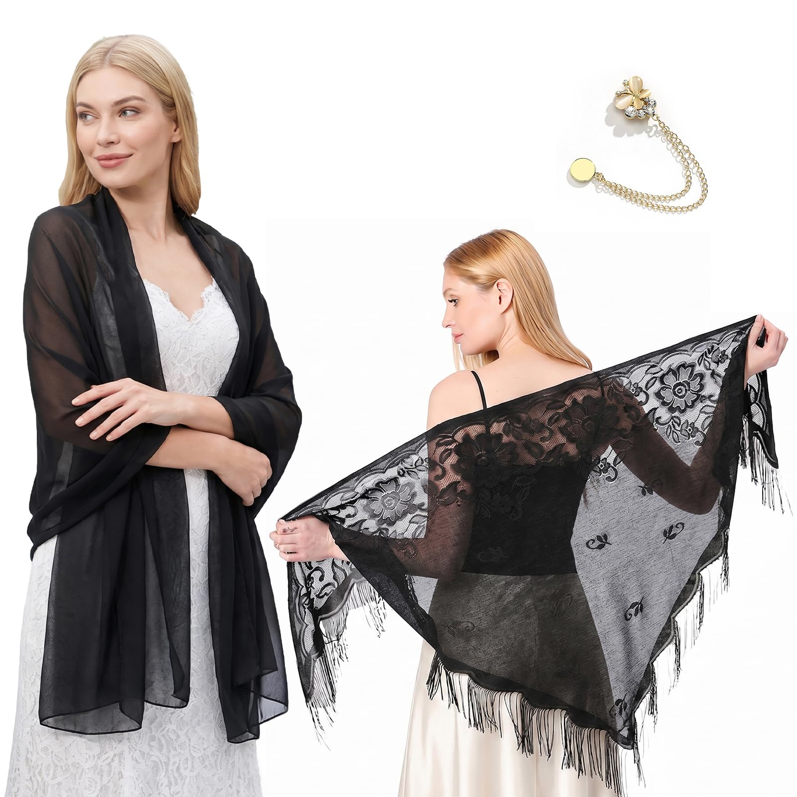 Hounyou Black Chiffon Shawl for Women Wraps, Sheer Chiffon Scarf for Evening Dresses, Weddings and Parties