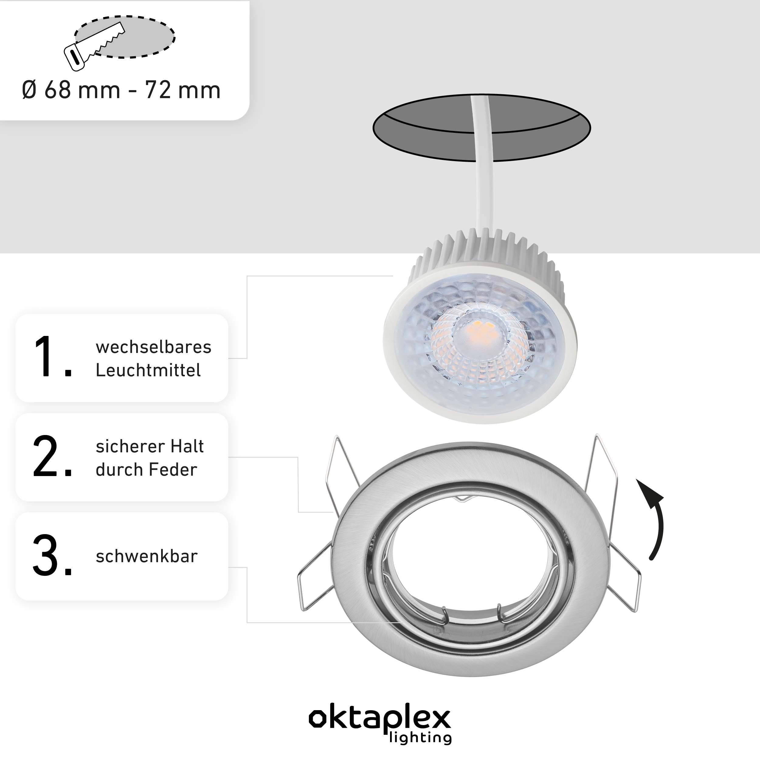Oktaplex 9er Set Dijon Einbaustrahler LED 230V 3-Step dimmbar schwenkbar | 22mm Einbautiefe, Warmweiß 2700K, Lochmaß 68mm, 4,8W, 380lm, 110°, Deckenspots Edelstahl gebürstet ultra flach