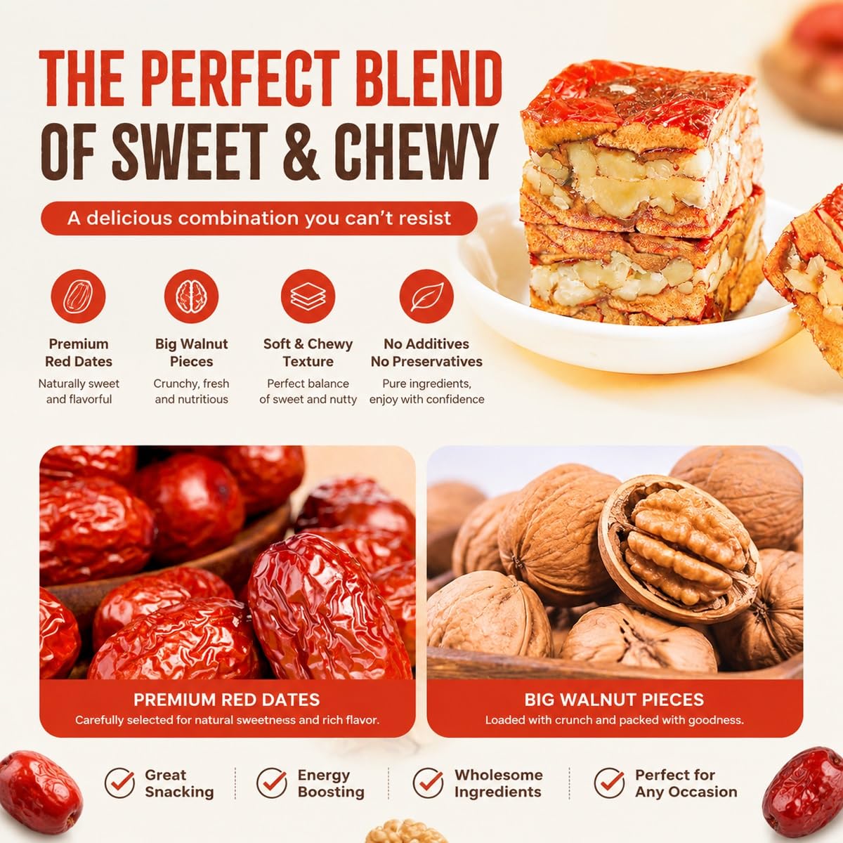 Dátiles Rojos Rellenos De Nueces 250g - Bolsa Aperitivo Sano | Jujubes premium y trozos crujientes enteros. Empaques al vacío individuales para obtener energía sabrosa portátil.(2pcs)