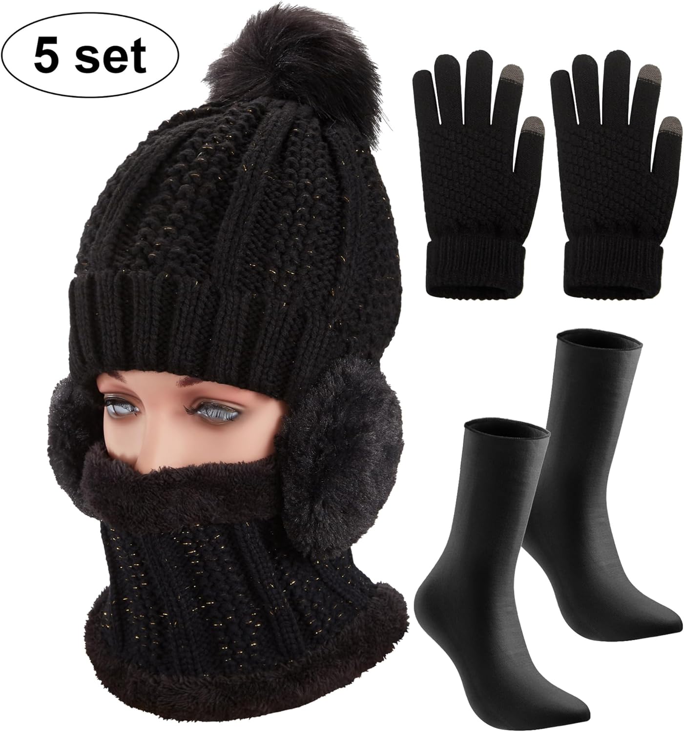 SATINIOR 5 Pcs Winter Hat Scarf Gloves Set Fleece Warm Lined Knit Beanie Hat Touch Screen Earmuff Gloves Warmer for Women(Black,Classic Style) - Image 3