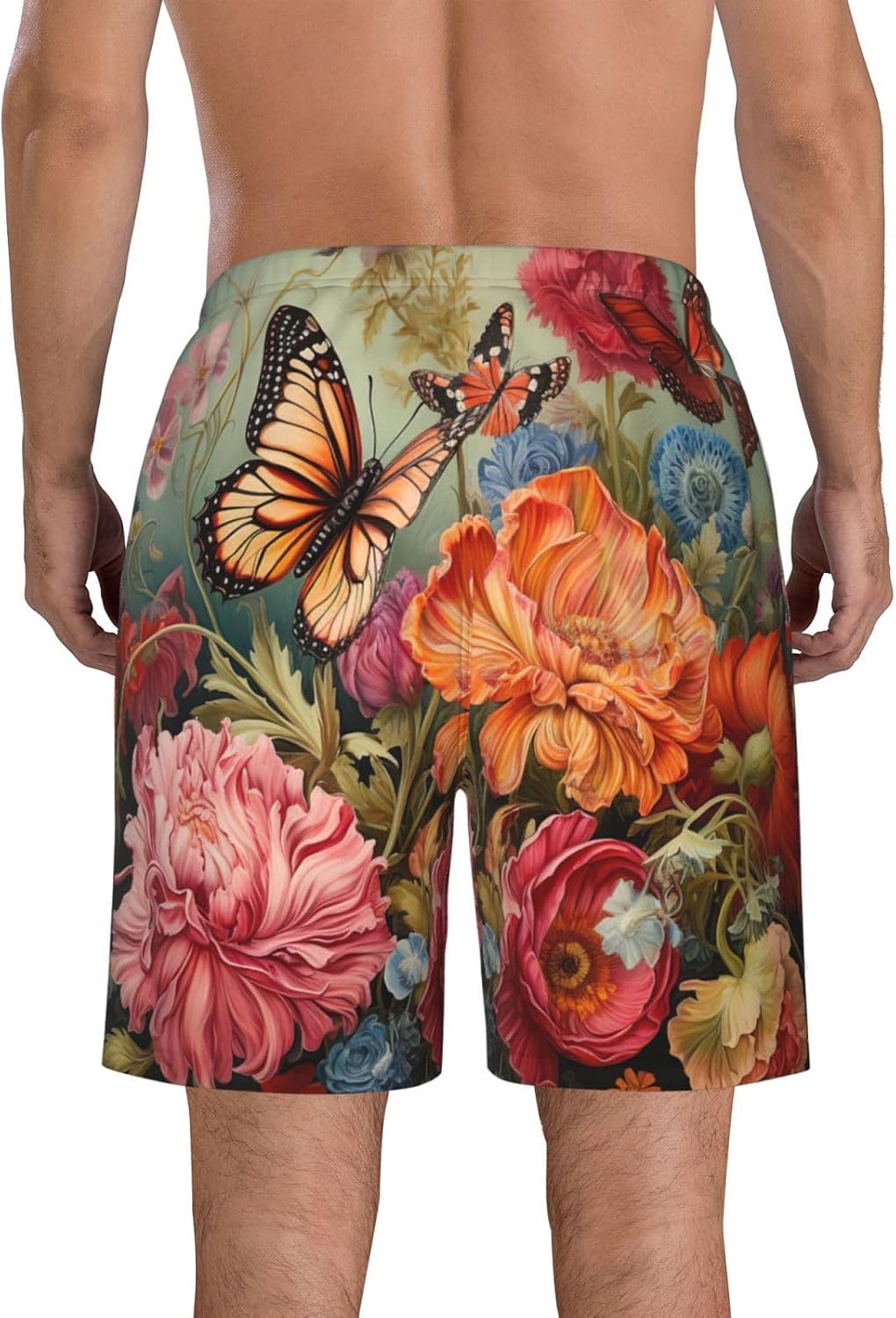 Flowers and Butterfly Print Men's Quick-Drying Shorts Casual Beach Pants Stretch Waist Shorts and Pockets