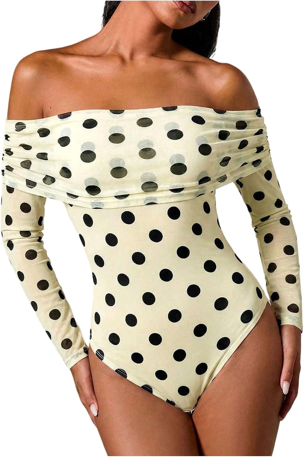 SOLY HUX Women's Polka Dots Bodysuit Off the Shoulder Long Sleeve Mesh Ruched Going Out Tops
