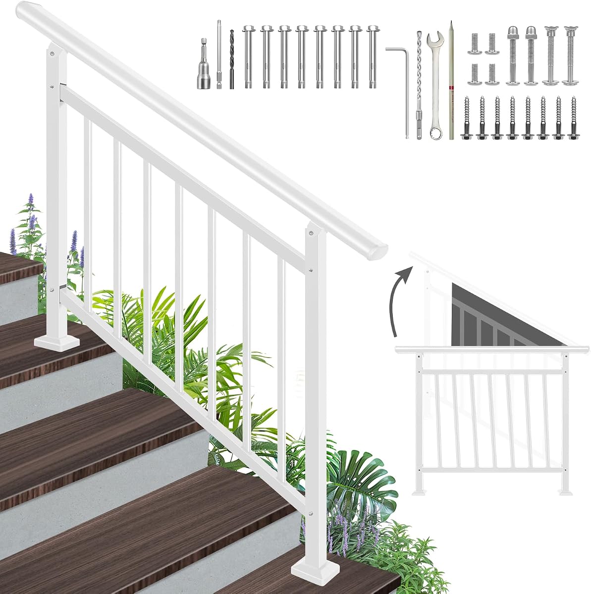 4-Step White Metal Handrail for Outdoor Steps | Fits 1 to 4 steps, horizontal or stair mount, wrought iron with installation kit for outdoor steps