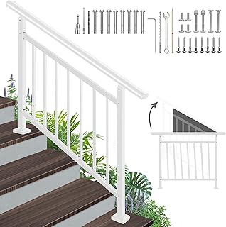 Adjustable Handrails for Outdoor Steps – White Metal Stair Railing with Installation Kit, Outdoor Handrail Fits 1 to 4 Steps or Horizontal Use, Wrought Iron Hand Rails for Porch, Deck