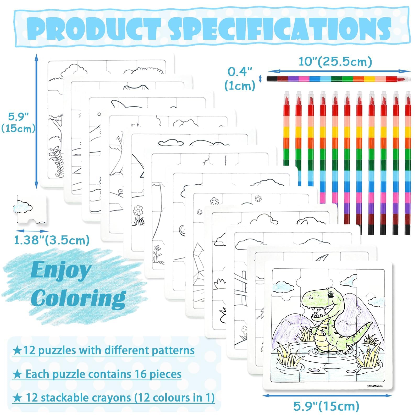 HahaMagic, 12PCS Kid Jigsaw Puzzles to Draw on, with 12 Stackable Crayons (12 Colors in one) - Image 2