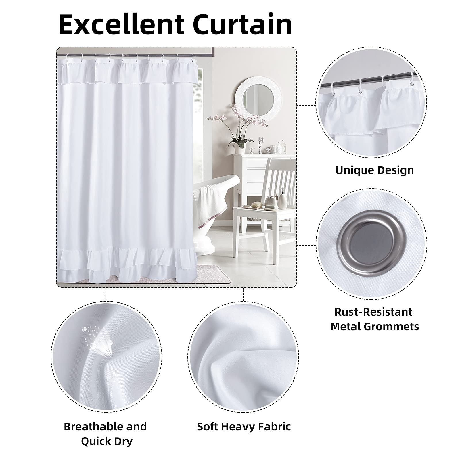 YOSTEV White Ruffle Shower Curtain Farmhouse Fabric Cloth Shower Curtains for Bathroom,Stall 54x78 inches - Image 2