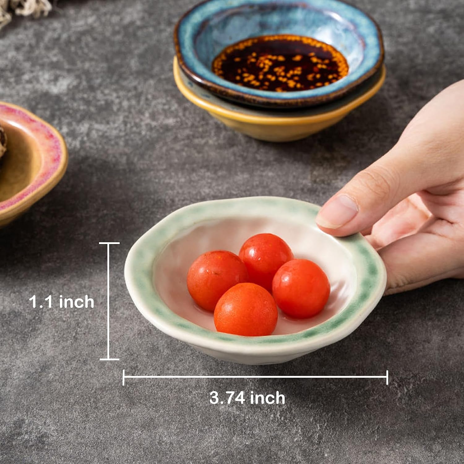 Dipping Bowls, Soy Sauce Dish Ceramic, 3 OZ Small Serving Bowls for Side Dishes Vintage Stylish Design, Set of 4 Mini Appetizer Plates for Condiment Sushi Ketchup BBQ Party, 3.75 Inch