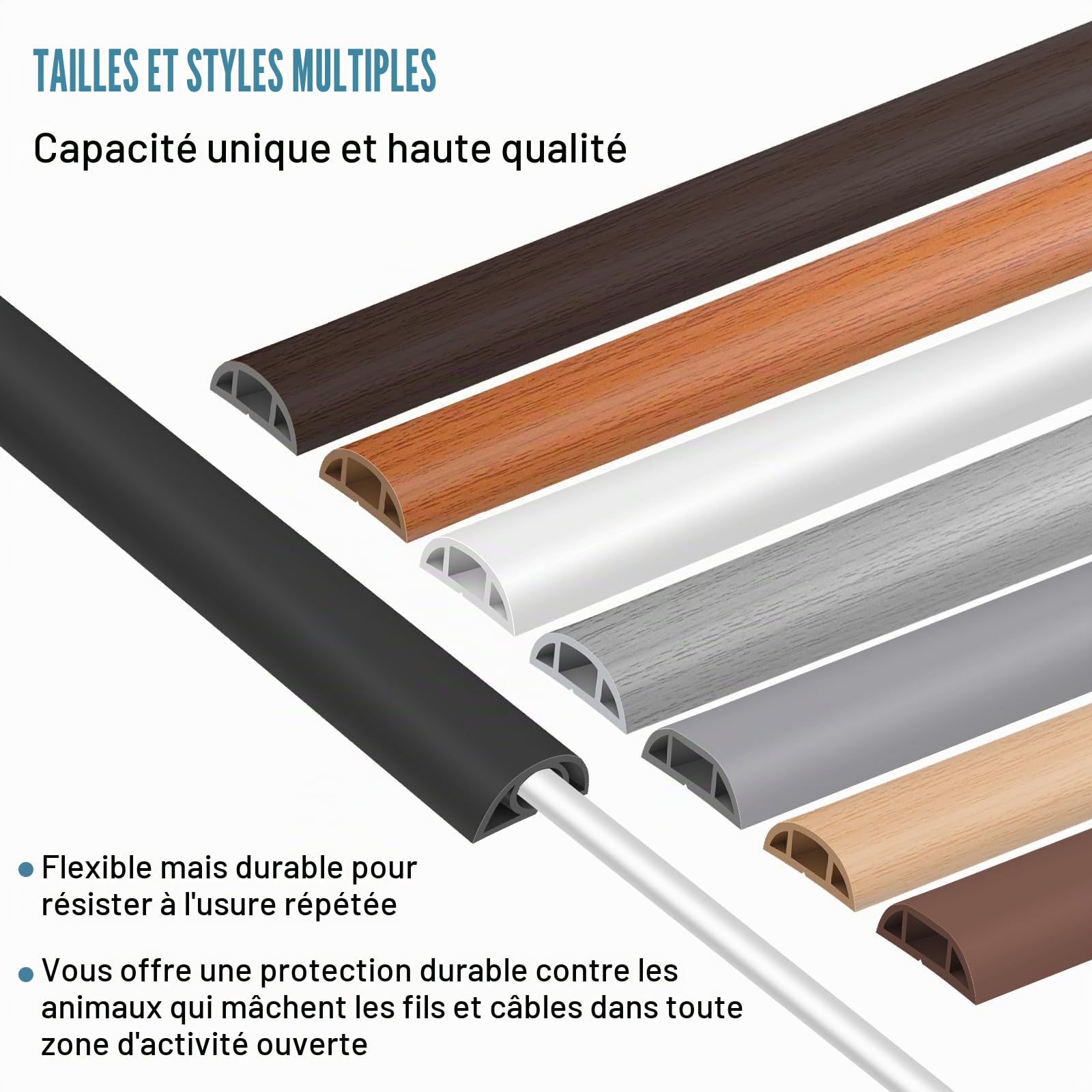 Passe-câbles autocollant 3 m PVC flexible Protection câbles Prévention trébuchements Blanc