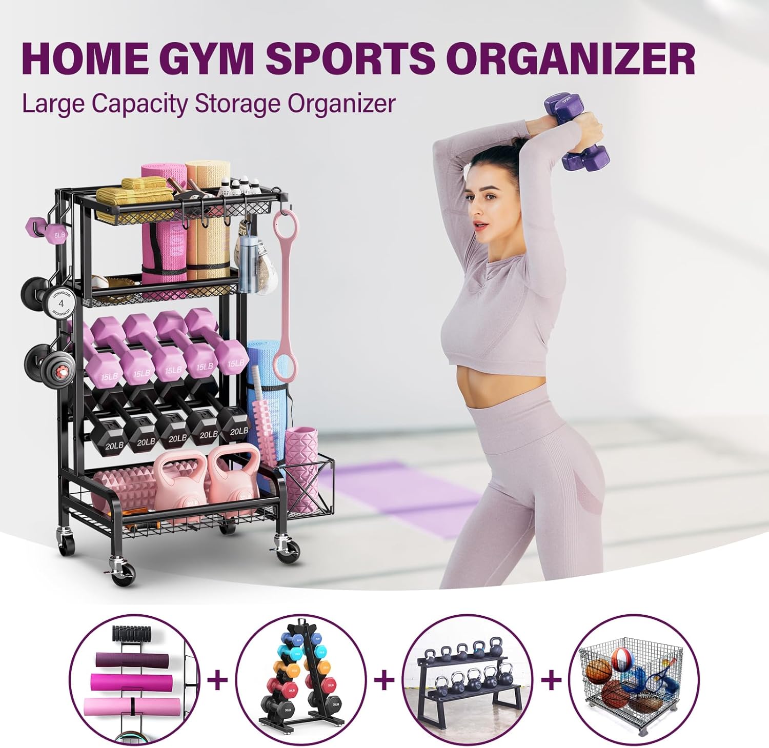 Dumbbell Rack, Weight Rack for Home Gym Storage Rack with Lockable Wheels & Hooks, Workout Equipment Storage for Yoga Mat Foam Roller Kettlebells Resistance Bands