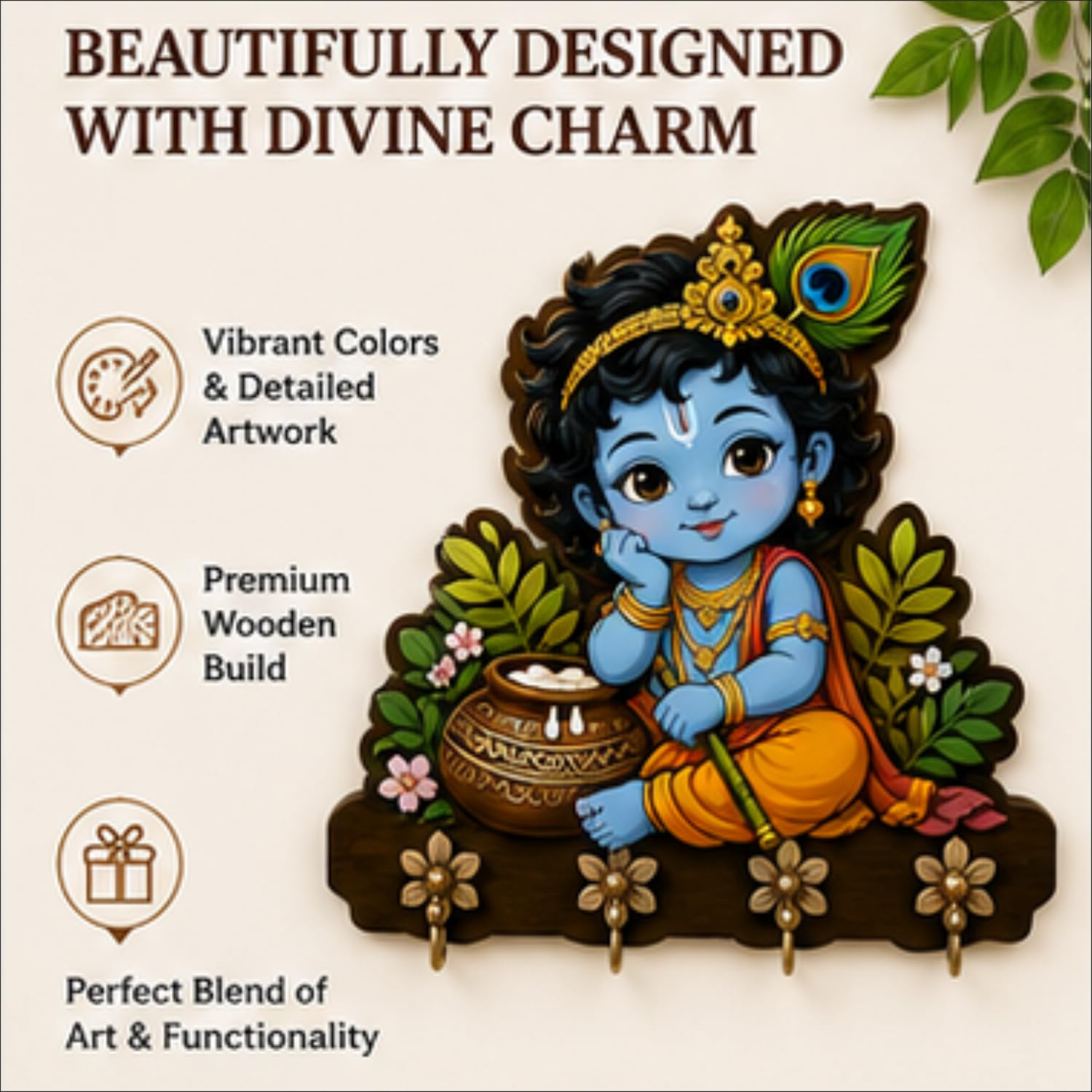Krishna Key Holder - Handmade Wooden Wall Decor -7