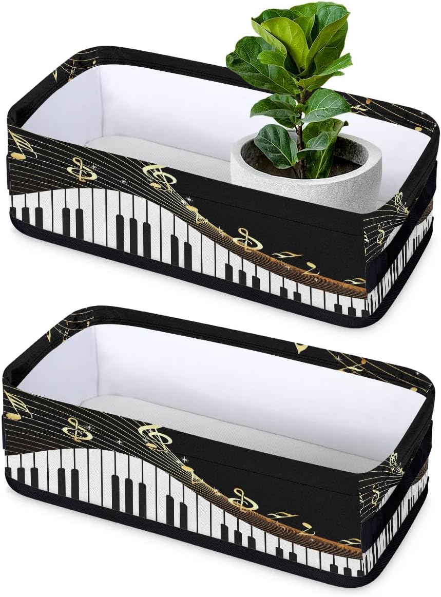 Piano Keyboard Bathroom Basket Small Storage Bin Fabric Toilet Paper Basket Foldable Organizer Music Notes Baskets for Bathroom Countertop Decor, 2 Pack