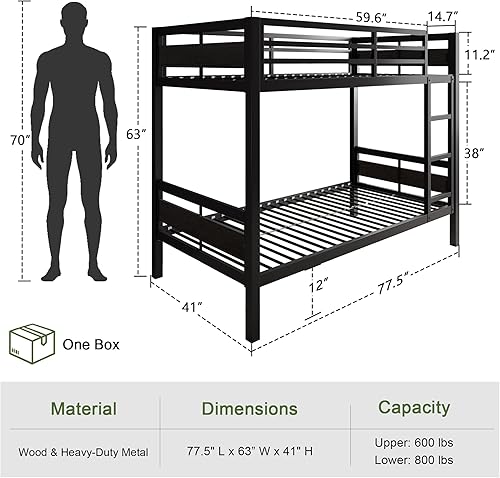 Vista 2 de Feonase Litera de metal individual sobre individual con escalera y barandilla alta, soporte de listones de metal de alta resistencia, sin ruido,