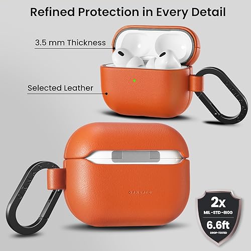 Miniatura 3 de ORNARTO Compatible con AirPods Pro 2, funda protectora completa de cuero con mosquetón, para Airpods Pro de 2  1 generación (20222019), LED frontal