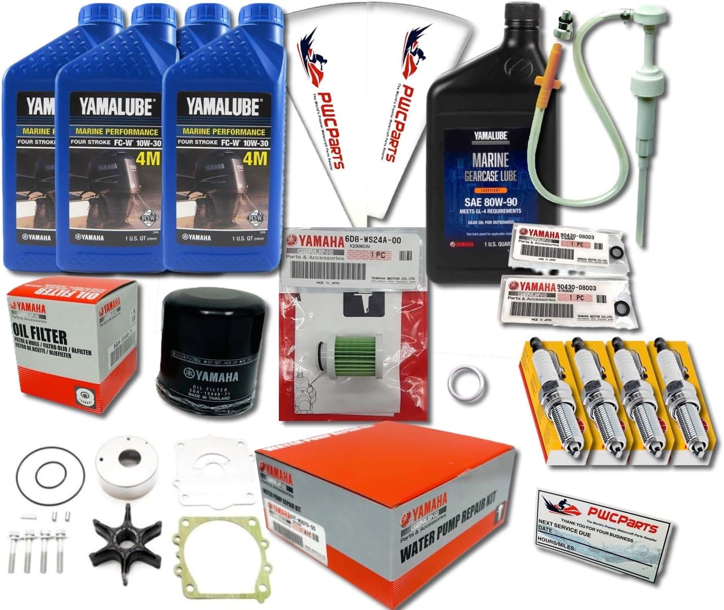 PWCParts 2016+ F90B/ F90LB/ F90XB 100-Hour Outboard Maintenance Service Kit, Oil Change, Gear Lube, Water Pump Rebuild Kit, Spark Plugs Fits YAMAHA