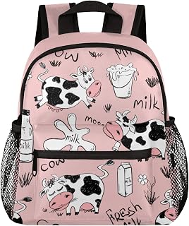 Milk Cow Kids Backpacks for Girls, Cute Pink Toddler Backpack Preschool Kindergarten Elementary School Backpack Lightweight Mini Shoulder Bookbag Casual Daypack with Chest Strap