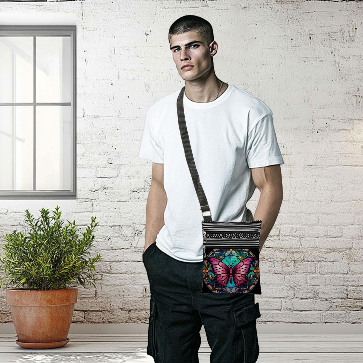 Stained-Glass Style Butterfly Crossbody Bag Women Adjustable Shoulder Strap Messenger Bag Men Travel Purse Birthday Gift Mother's Day Present Christmas for Friend Nature Lover Adults - Image 5
