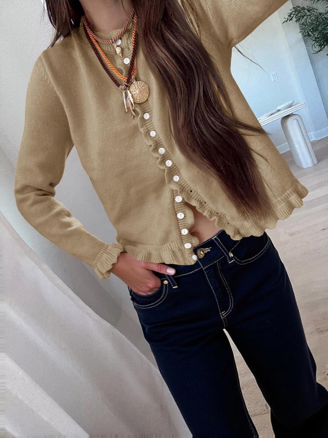 Saodimallsu Womens Ruffle Cardigan Sweaters Button Up Crew Neck Long Sleeve Cropped Sweater Cute Soft Knit Tops - Image 2