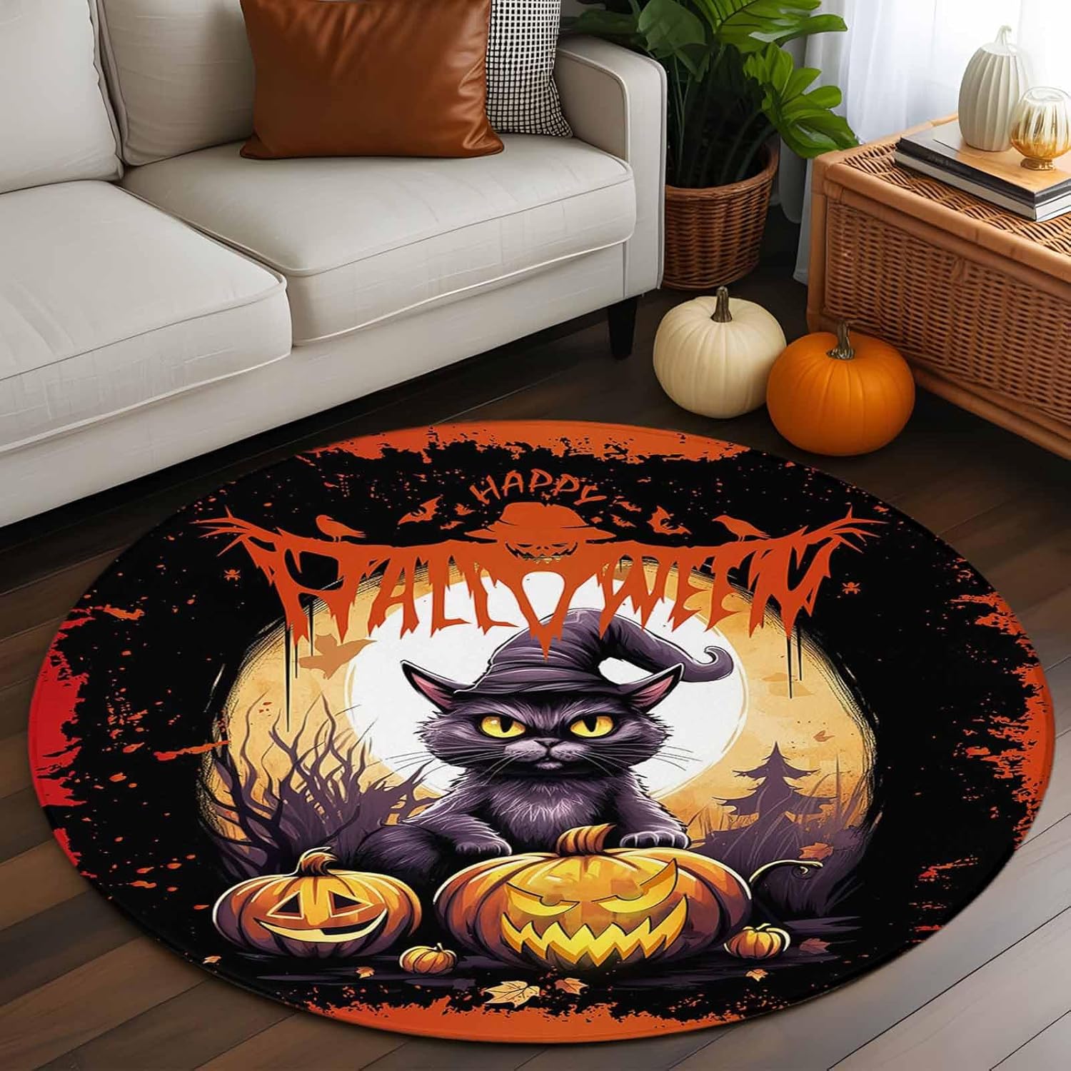 Halloween Round Area Rug 3ft Black Cat Spooky Pumpkin Floor Carpets Indoor Floor Area Mat Stain-Proof Mat Circle Rugs for Living Room Dining Room Kitchen Bedroom Fall Decor, Crow Sofa Throw Carpet