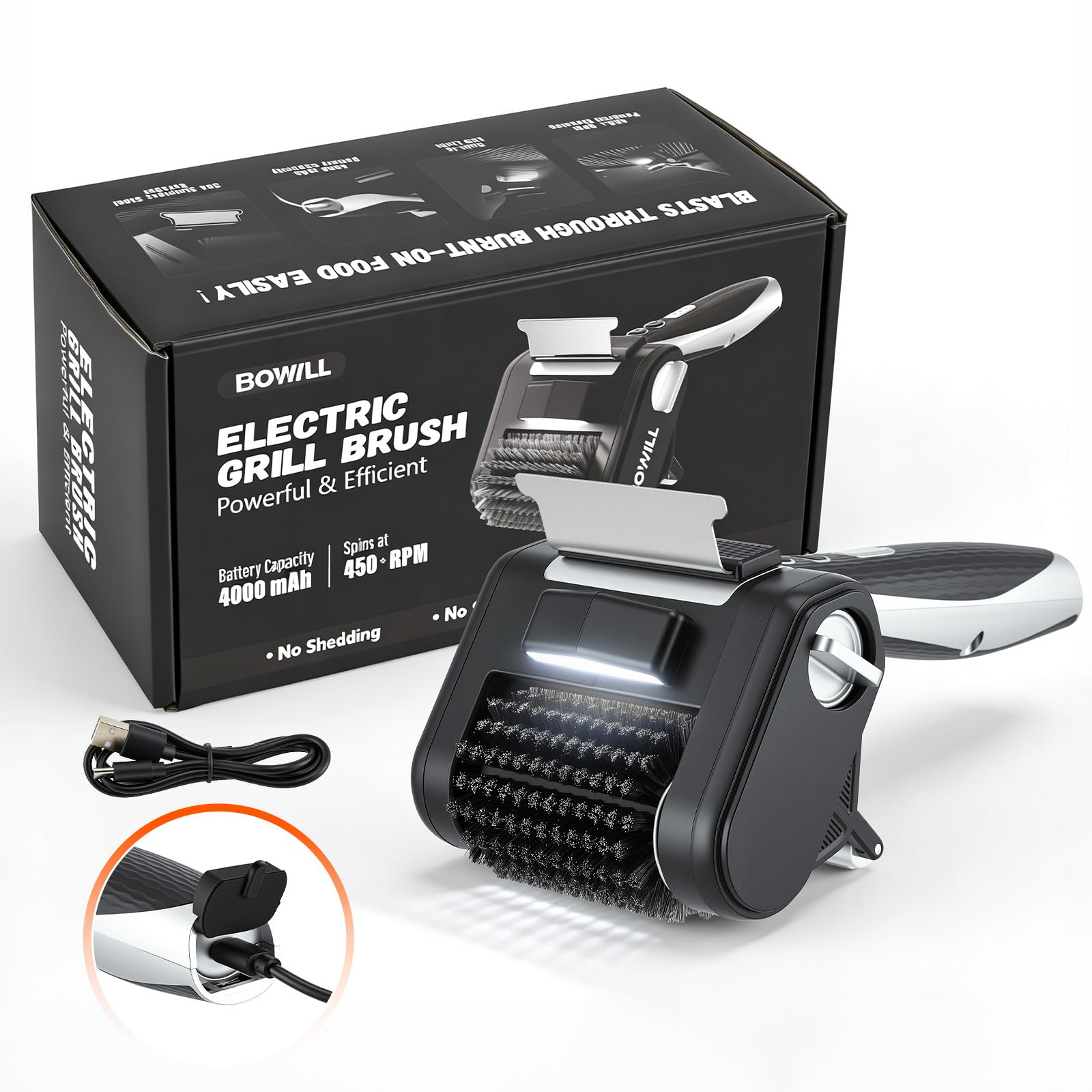 Spazzola elettrica per barbecue con batteria da 450 giri/min e batteria da 4000 mAh, pulitore per barbecue senza fili, detergente impermeabile per griglie all'aperto, setole di sicurezza rinforzate
