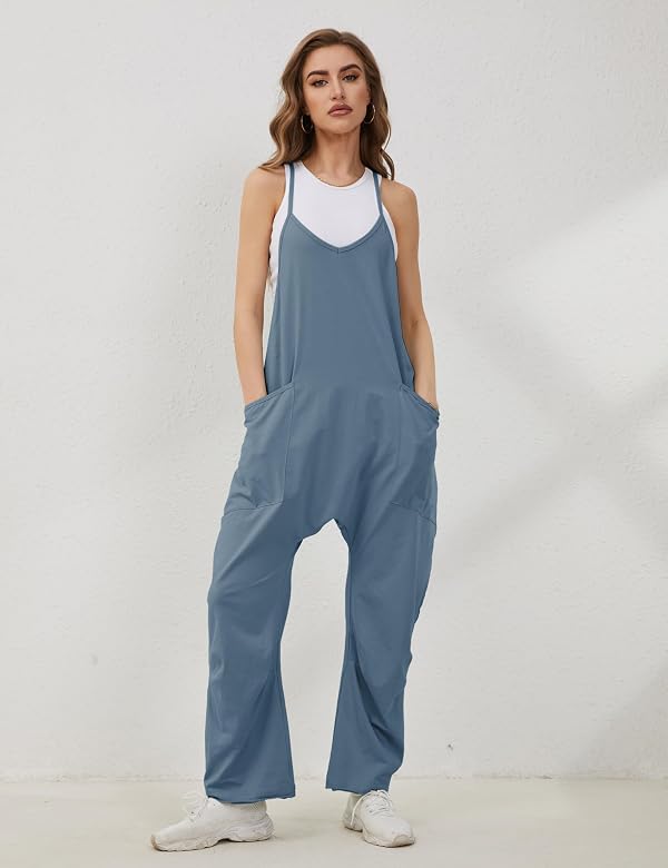 Lentta Women's Causal Jumpsuits V Neck Sleeveless Harem Overalls Stretchy Adjustable Strap Romper with Pockets(BlueGrey-XL) by Lentta - Used condition - Image 3