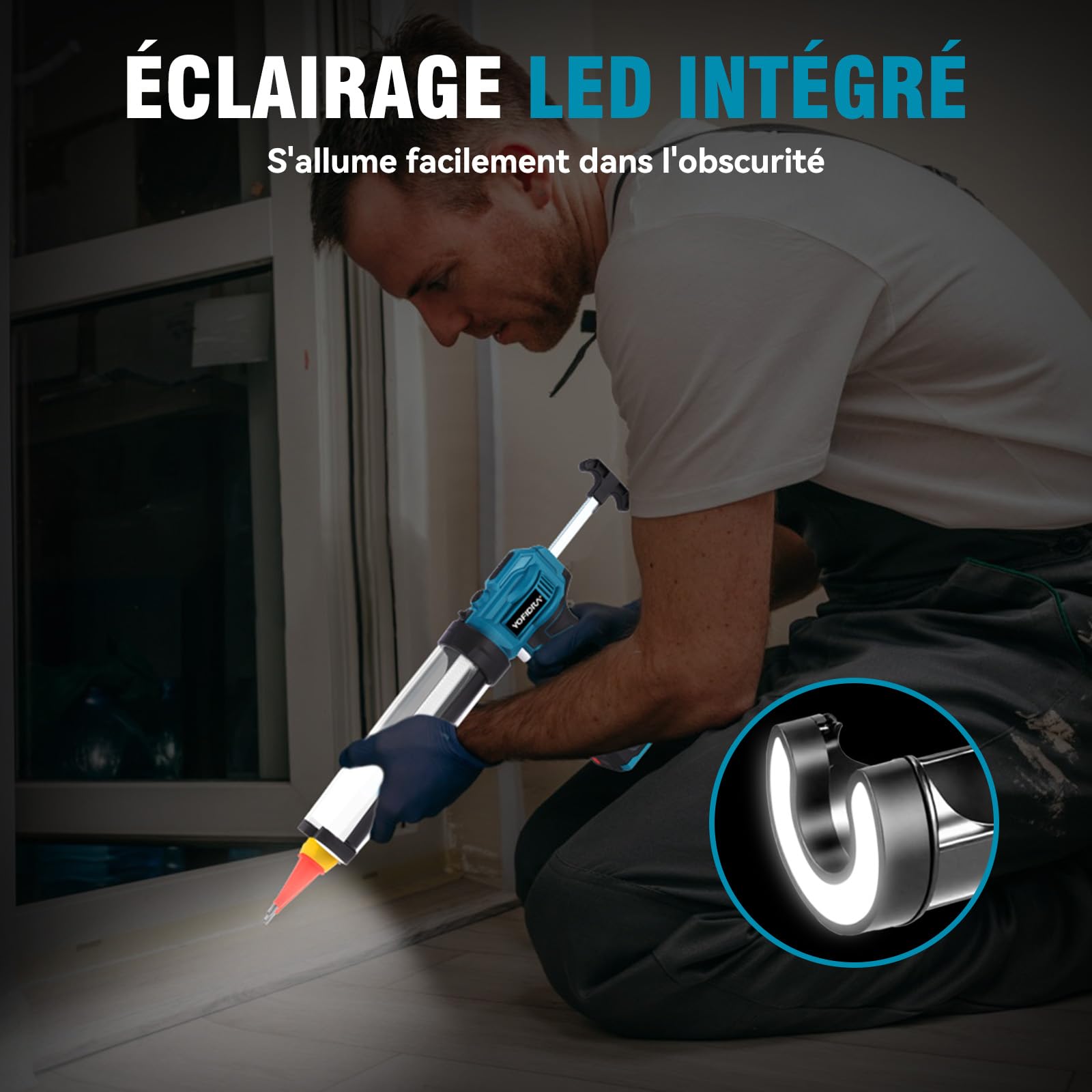 Yofidra Pistolet à Silicone Électrique avec 2 x 2000 mAh Batterie, Pistolet à Cartouche sans Fil, 4 Vitesses, Lumière LED, Pistolet Silicone 300ml, pour l’Étanchéité, le Masticage, sans Fuite
