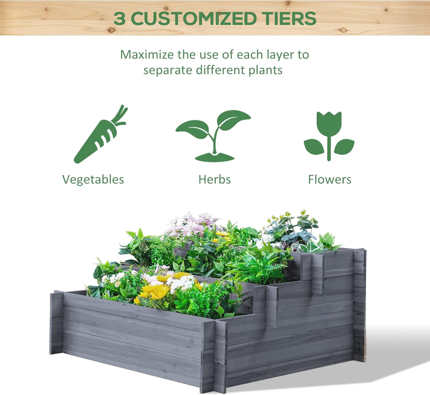 Outsunny 3-Tier Wood Raised Garden Bed, Elevated Planting Box, Outdoor Vegetable Flower Container, Herb Garden Indoor Kit, Gray - Image 3
