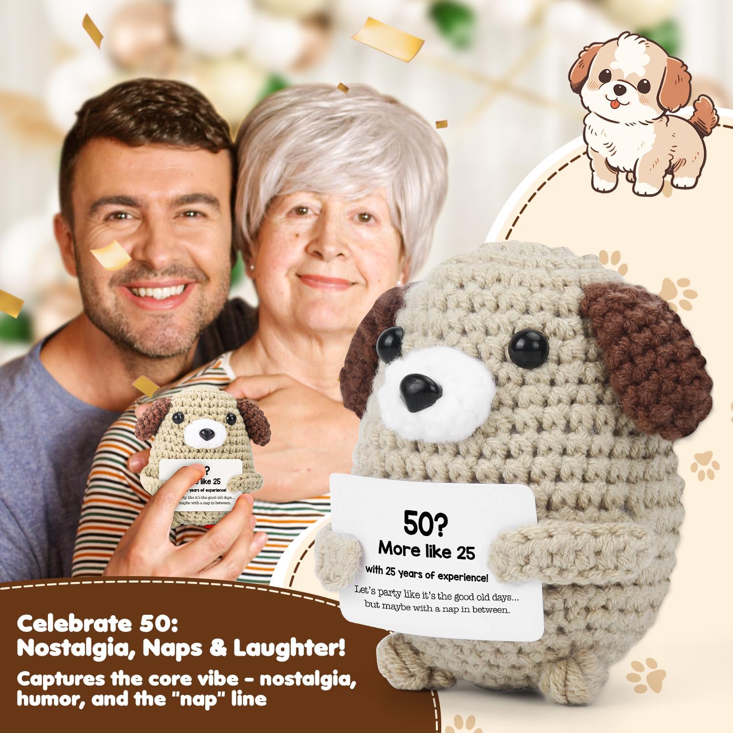 Funny 50th Birthday Gift for Him/Her - Handmade Crochet Dog with Humorous “50? More Like 25 + 25 Years Experience” Card(50th Birthday) - Image 6