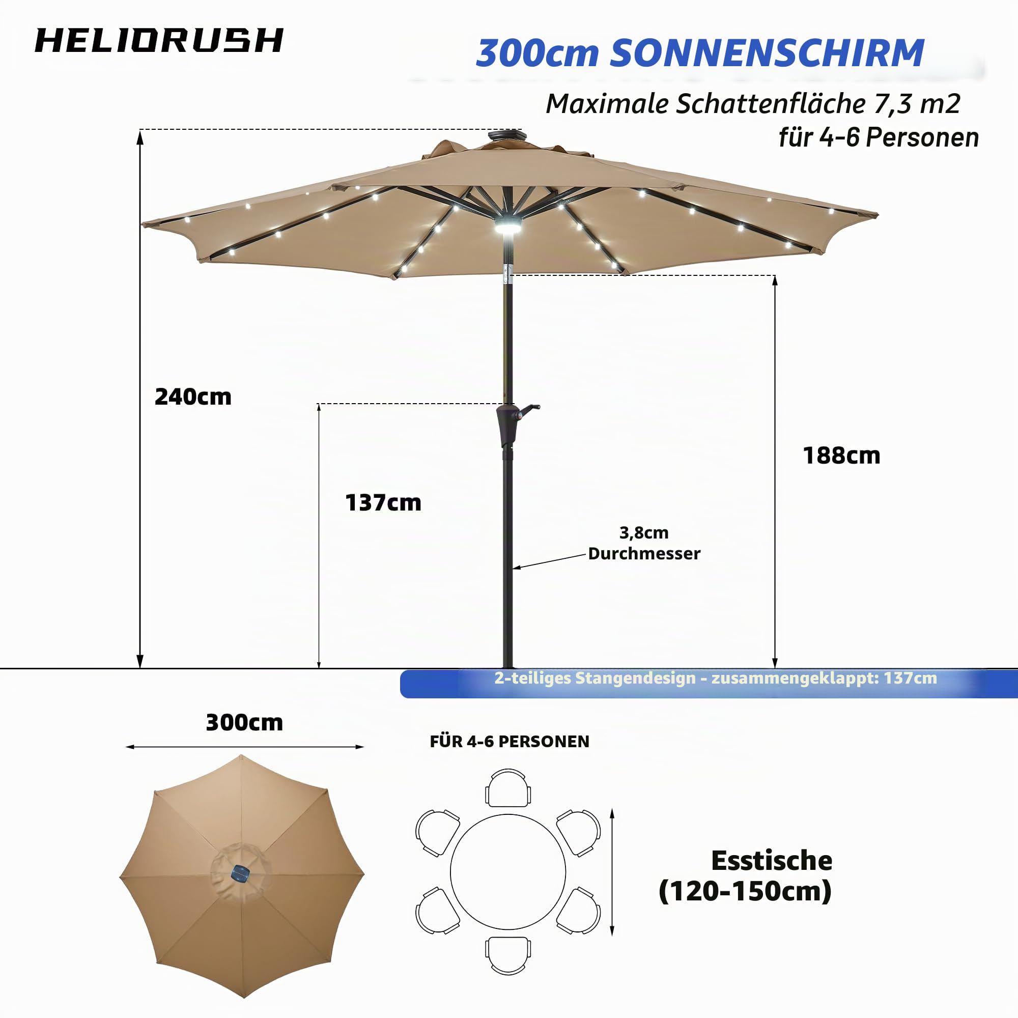Sonnenschirm 300 cm mit LED Solar Beleuchtung, 8 Robuste Struts Terrassenschirm Knickbar, 7-Farben RGB Modus Gartenschirm mit Kurbel, UPF 50+ Wasserdicht für Balkon Pool