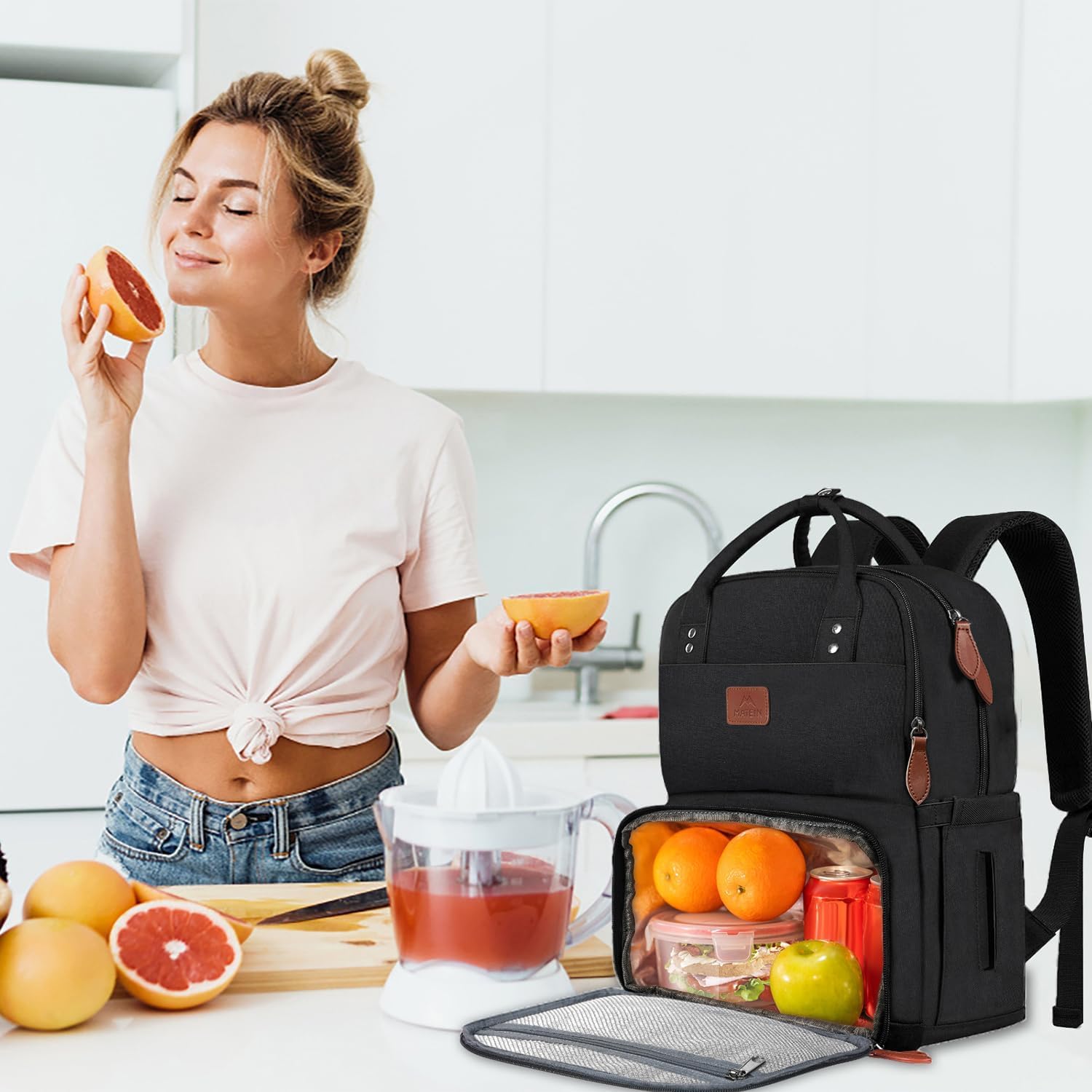 MATEIN Mochila de Picnic para Portatil de 15.6" con Compartimento Térmico para Almuerzo, Mochila Trabajo Mujer Impermeable, Lunch Backpack para Oficina, Camping y Viajes, Negro