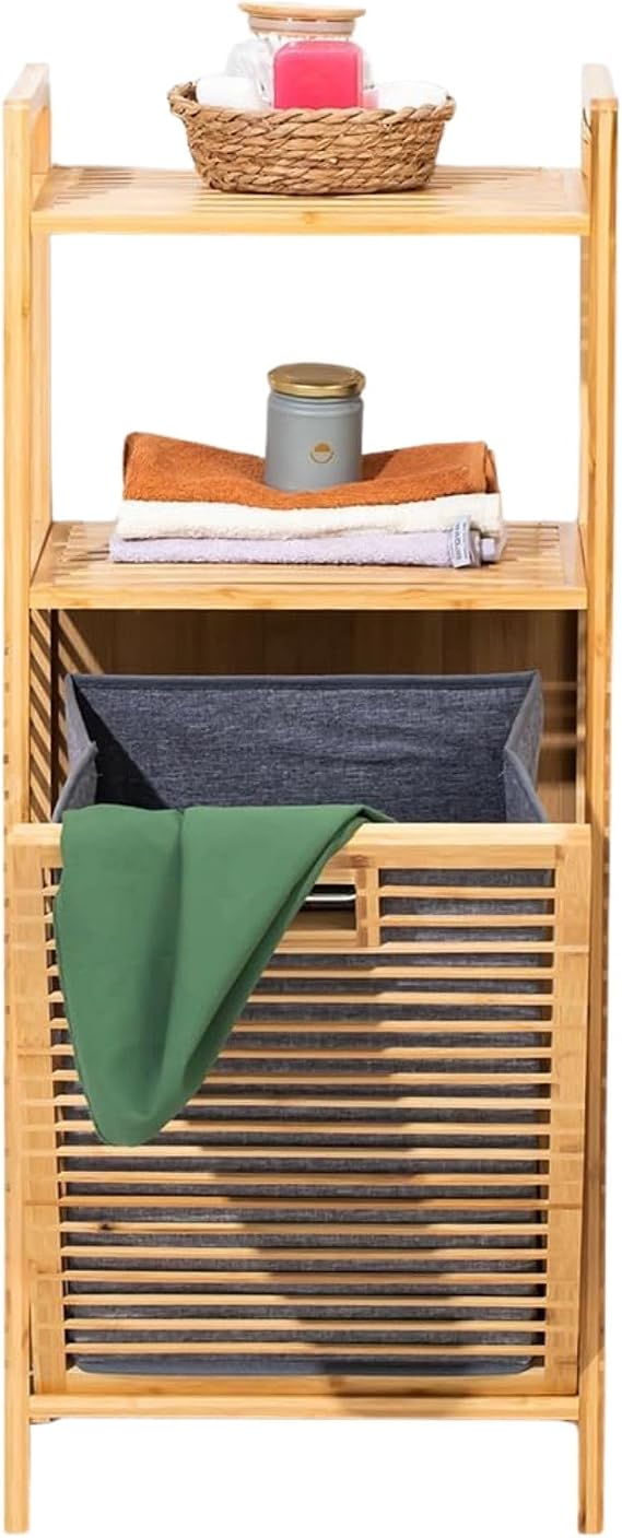 Bambu Banyo Dolabı, 2 Raflı Çamaşır Sepeti Organizatör, Ahşap, 75 L Çıkarılabilir Kumaş Kirli Çamaşır Haznesi Kirli Sepetli