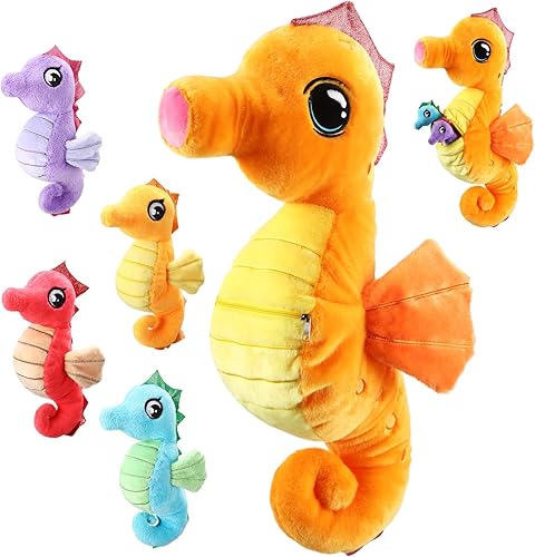 Miniatura 1 de Shappy Juego de 5 animales de peluche de caballito de mar de 17 pulgadas con 4 lindos bebés en su vientre, suave peluche de caballo de mar con