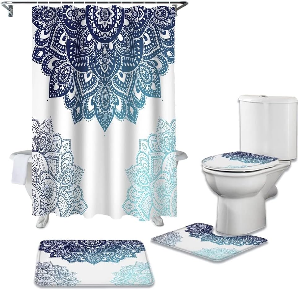 Print Shower Curtain Bathtub Decor Rug Bathroom Toilet Cover Mat Set