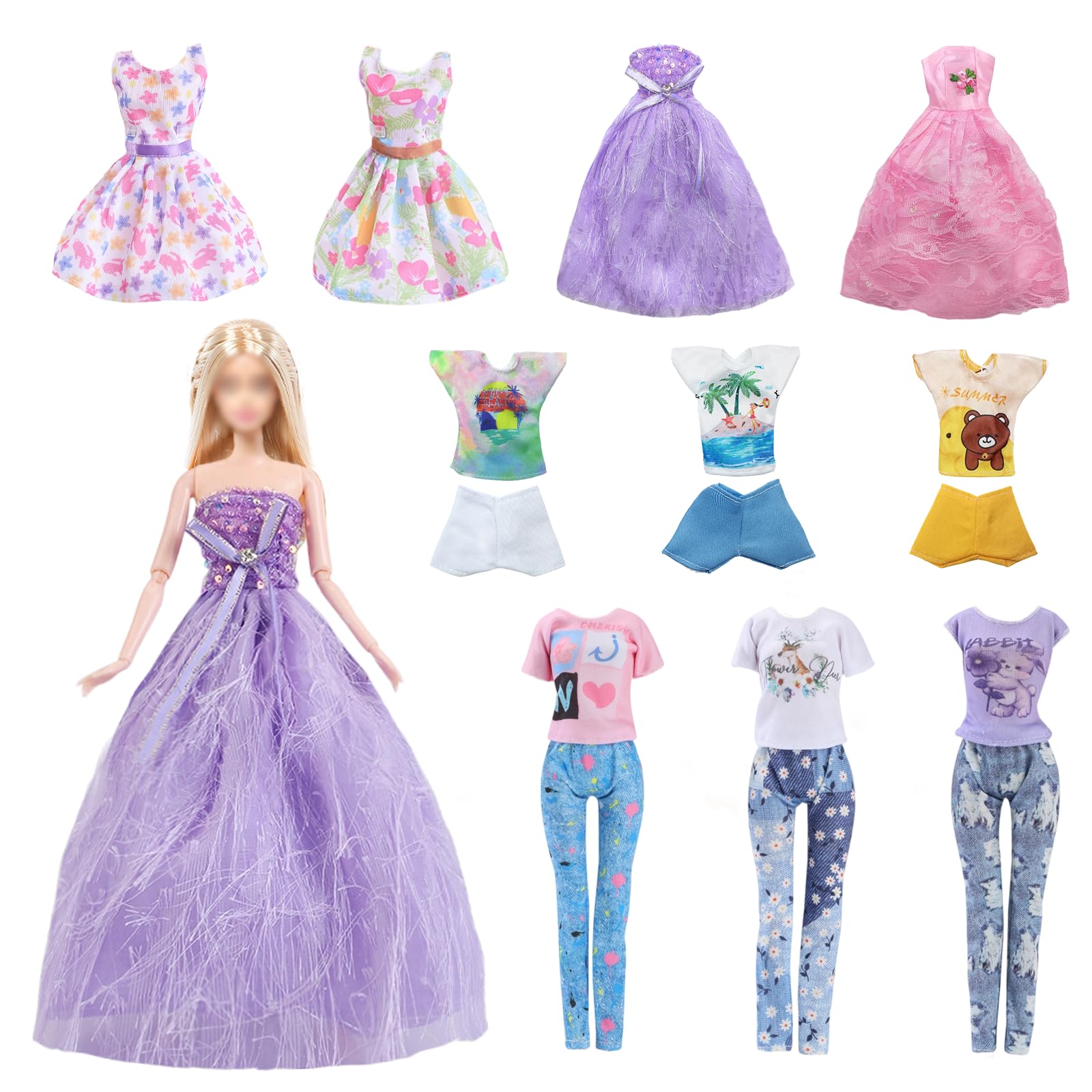 16 Pcs Doll Clothes 11.5 Inch Girl Dolls Compatible with Barbie, Fashion Pack 10 Set Accessories Include 2 Evening Gowns 2 Dresses 3 Sets of Everyday Wear 3 Sets of Lightweight Summer Attire