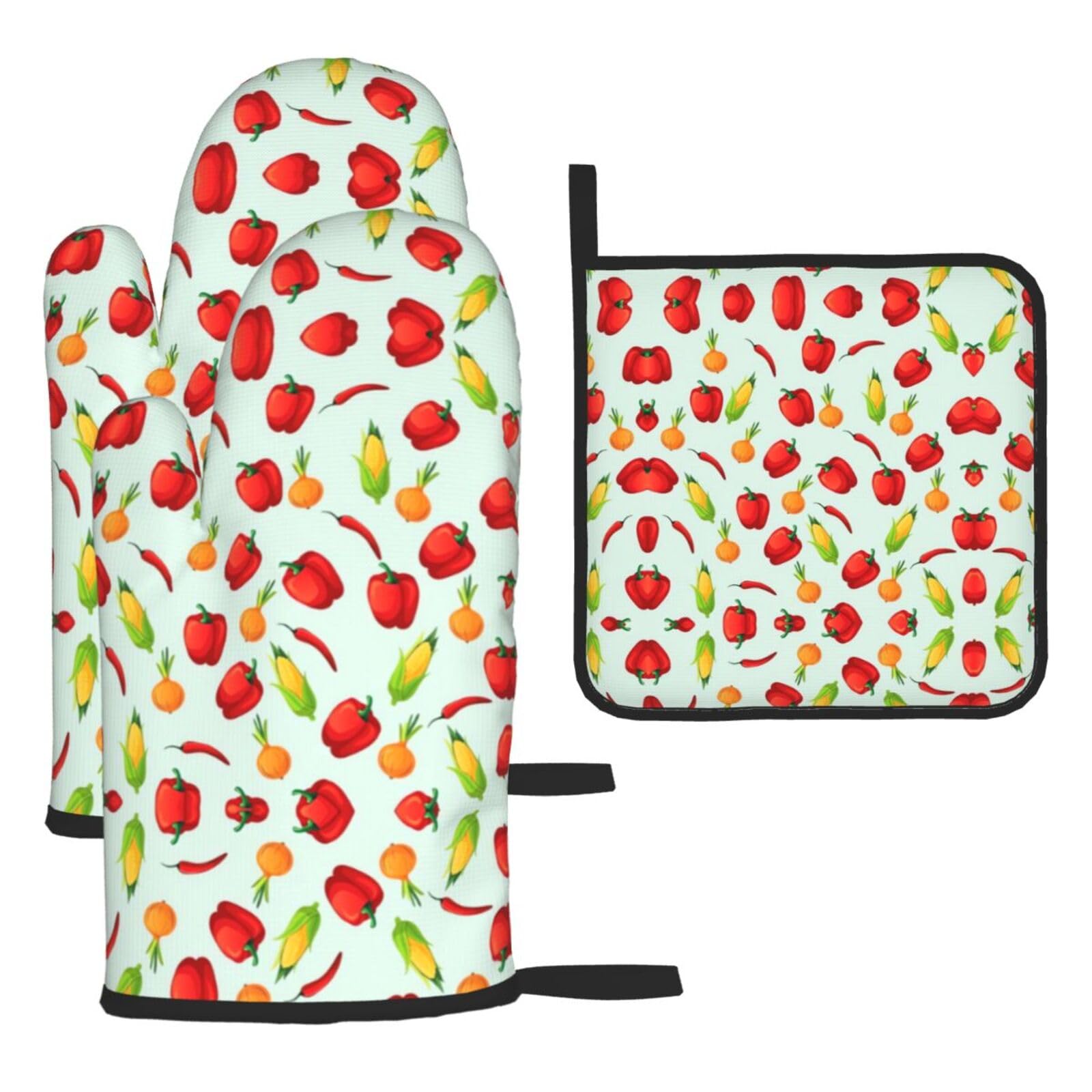 Vegetable Corn Printed Oven Mitt Set 3-Piece | Heat Resistant Gloves & Pot Holder Mat for Cooking, Baking & BBQ