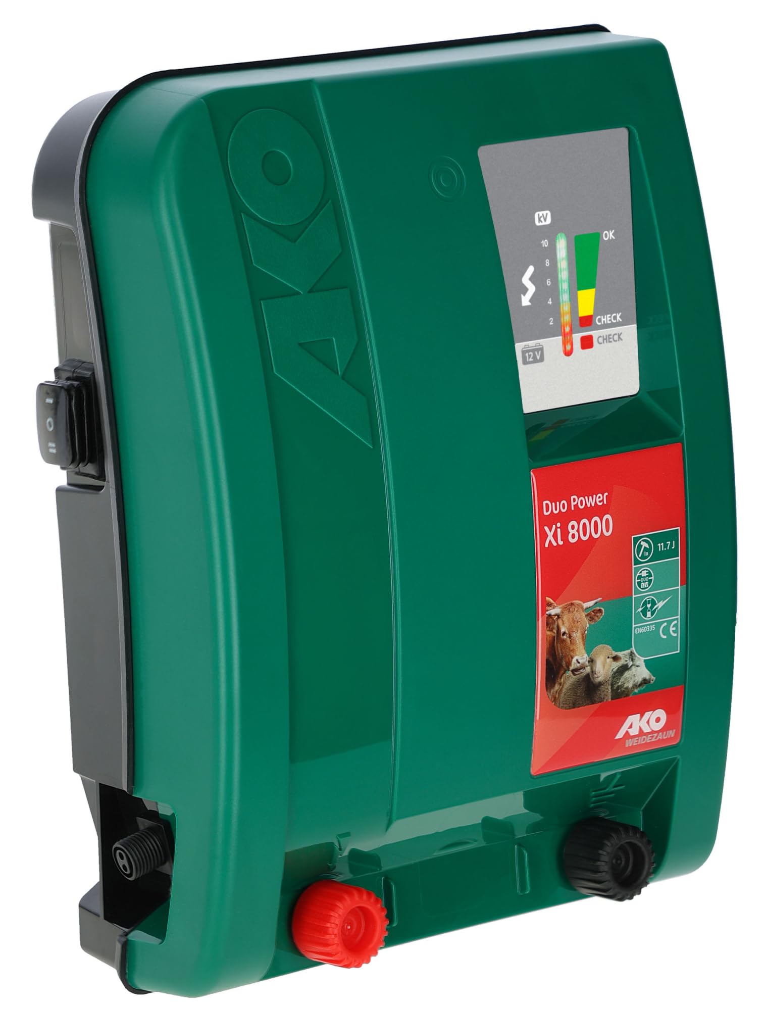 AKO Duo Power XI 8000 - Aparato para Valla de Pasto Expert, 12/230 V, Entrada 12.00 J, Voltaje máximo 11.200 V, para Vallas de hasta 50 km, Fabricado en Alemania