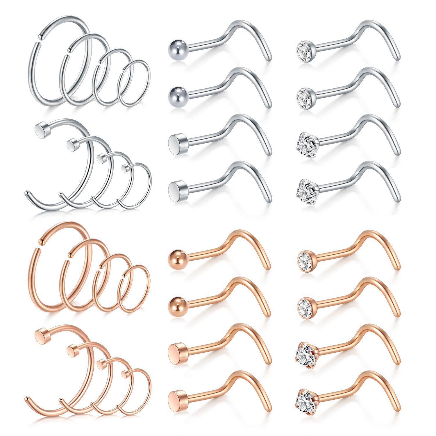 Mayhoop 20G Nose Ring Hoop Stainless Steel Nose Studs Screw L-Shaped Piercings Hoop Jewelry for Women Men 32Pcs