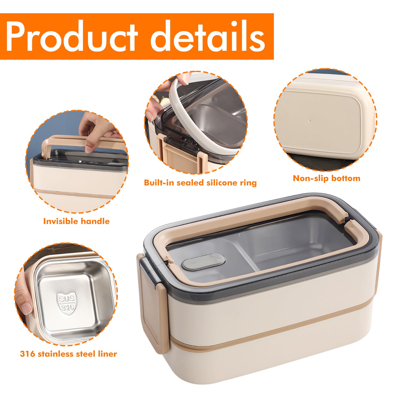Bento Lunch Box 2 ripiani con scomparti: contenitore per il pranzo per adulti, in acciaio inox premium, senza BPA, con posate, ideale per i viaggi, adatto al microonde, per il pranzo Meal Prep